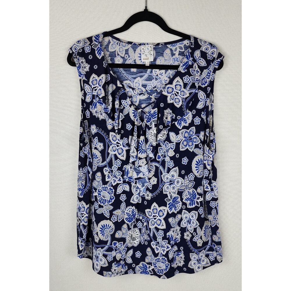 Naif Top Women's 1X Blue paisley and Floral ruffle sleeveless
